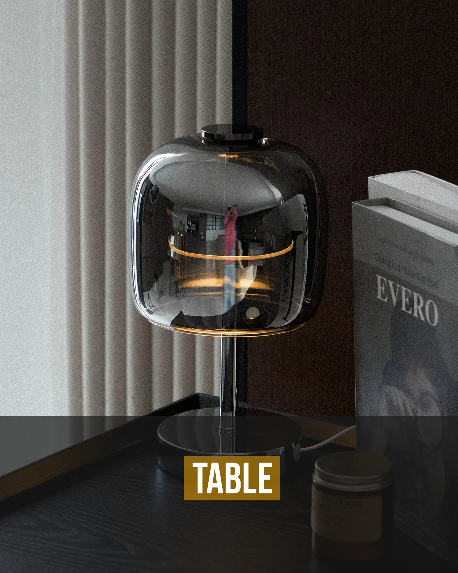 Zenviae black smoked glass table lamp with modern minimalist design on wooden desk