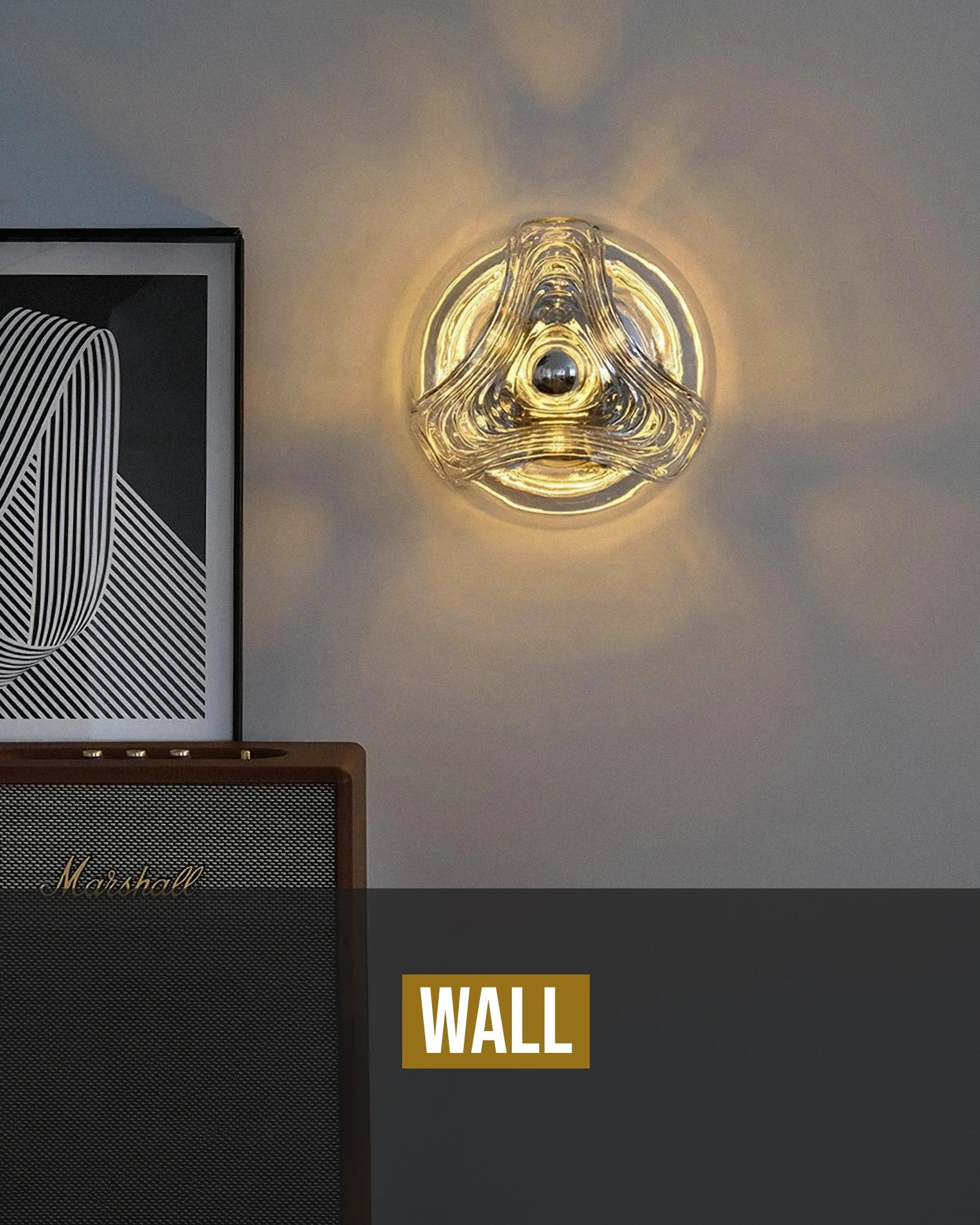Amber glass wall lamp with warm light and modern design