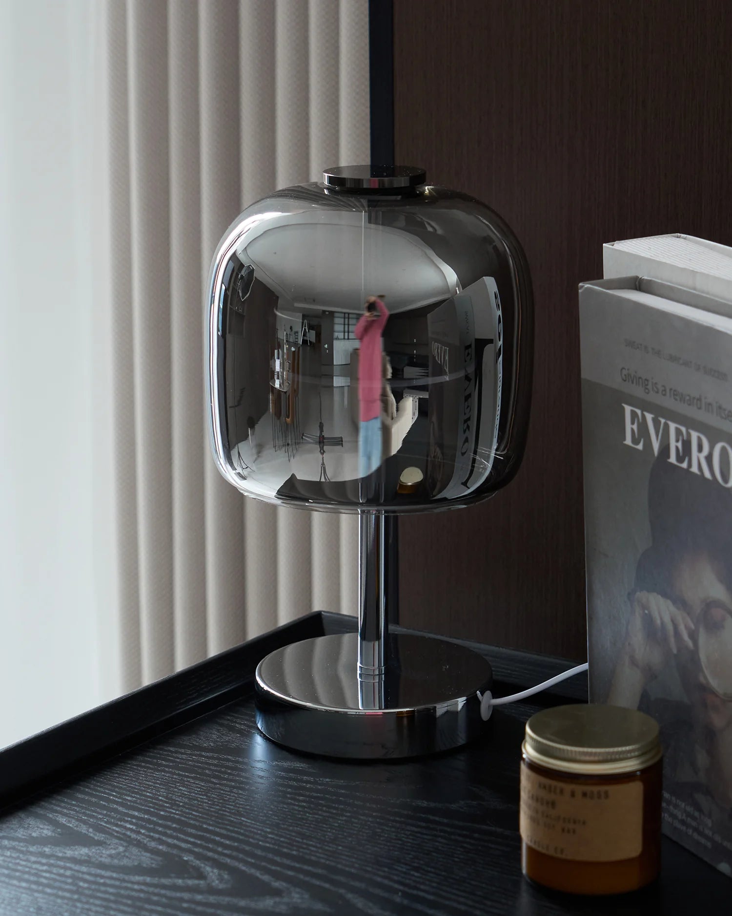 Zenviae Glow Jar Table Lamp on side cabinet with decorative items