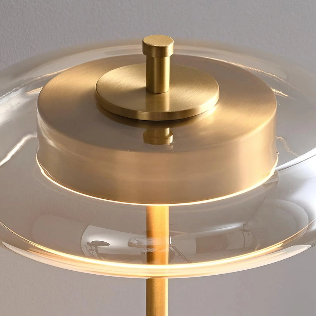 Zenviae Orbit Glow Floor Lamp close-up of golden center and glass ring