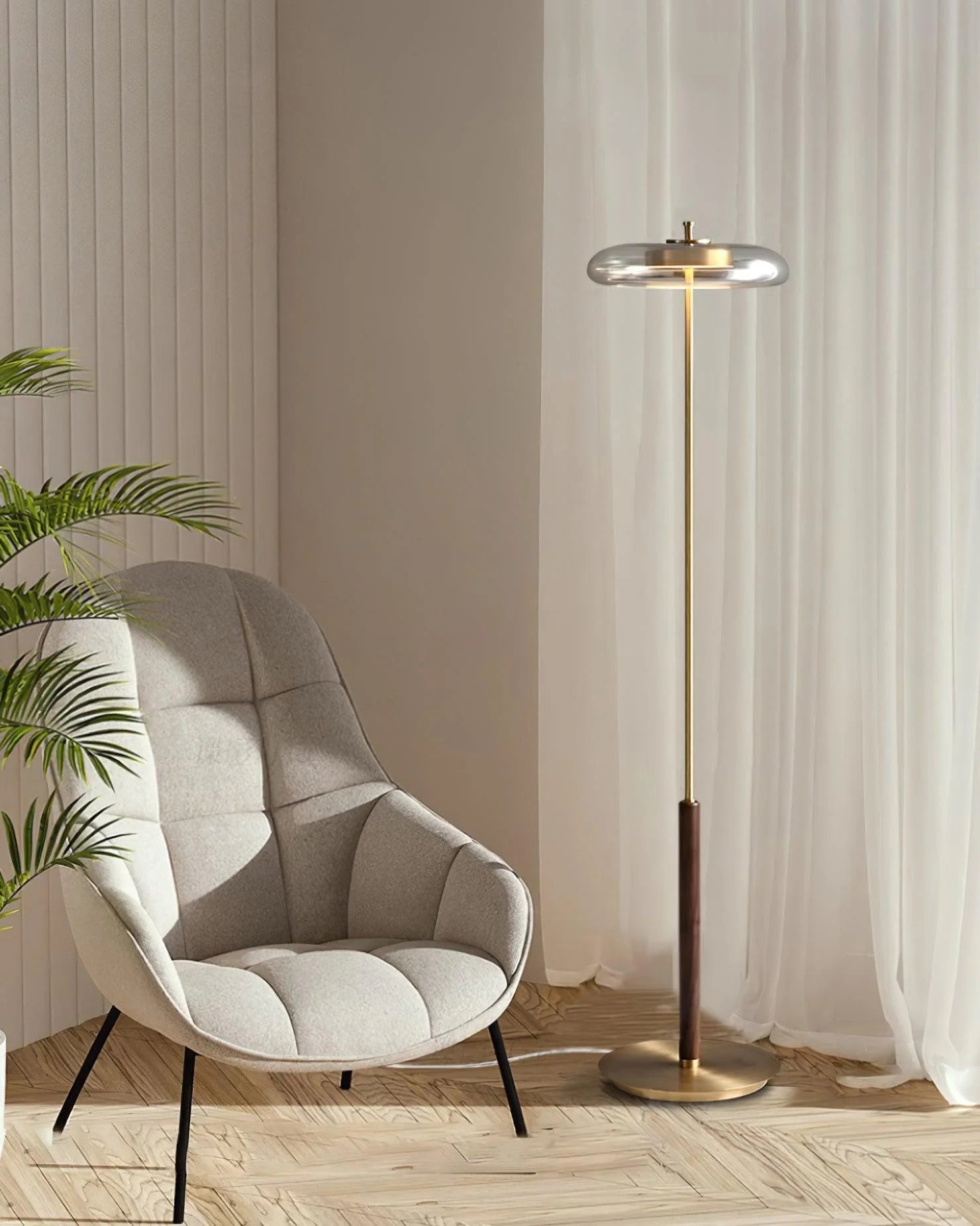 Zenviae Orbit Glow Floor Lamp beside armchair in living room