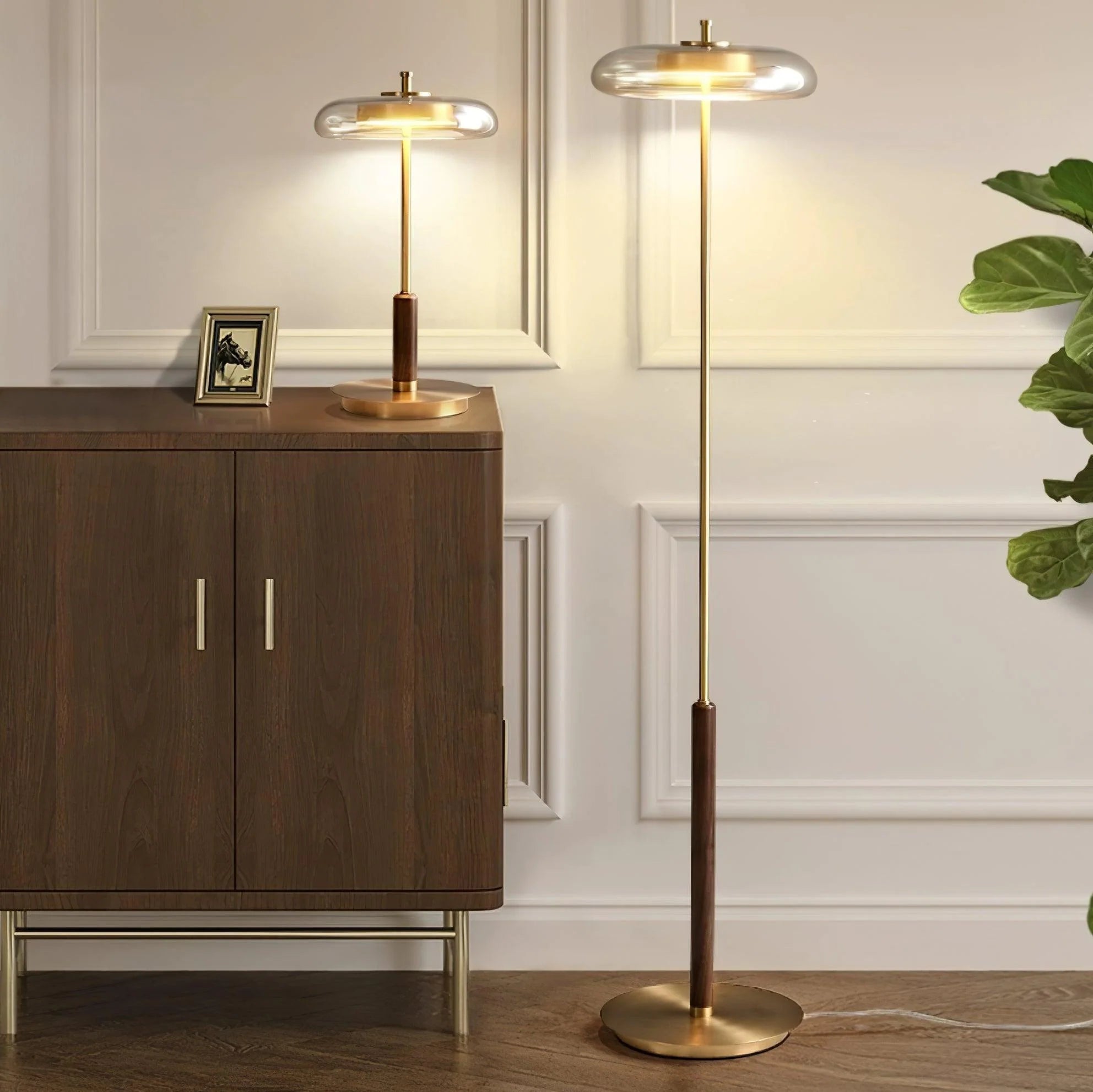 Zenviae Orbit Glow Floor Lamp in reading nook, lit at night