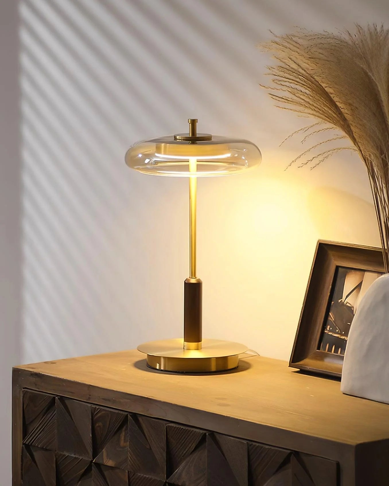 Zenviae Orbit Glow Table Lamp on desk lit at night