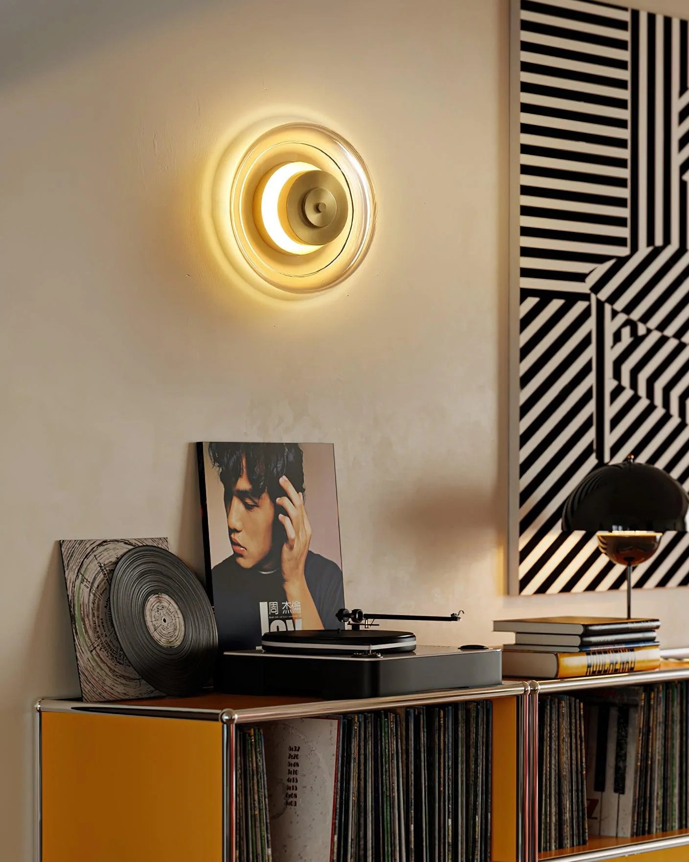 Zenviae Orbit Glow Wall Lamp mounted on wall and lit